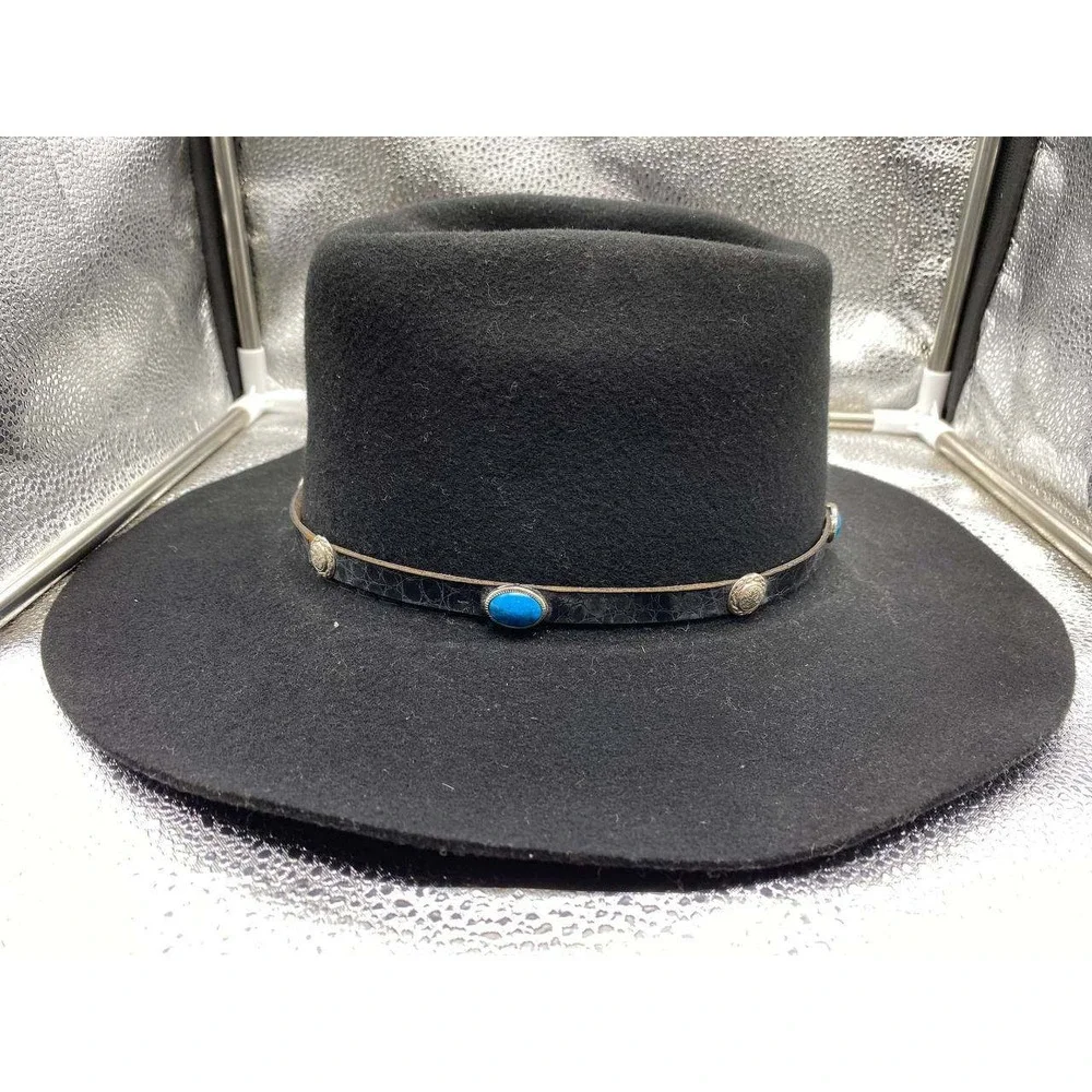 Bee Hat Co Cowboy‎ Hat Mens 7 1/4 Black Felt Turquoise Concho Wide Brim Western